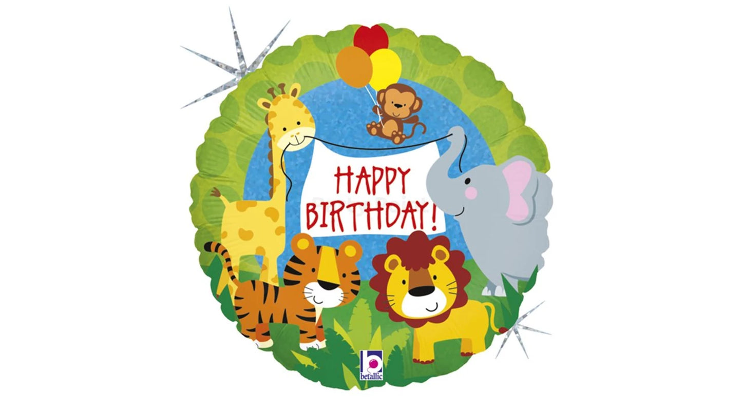 45 cm-es dzsungel állatos Happy Birthday hologramos fólia lufi