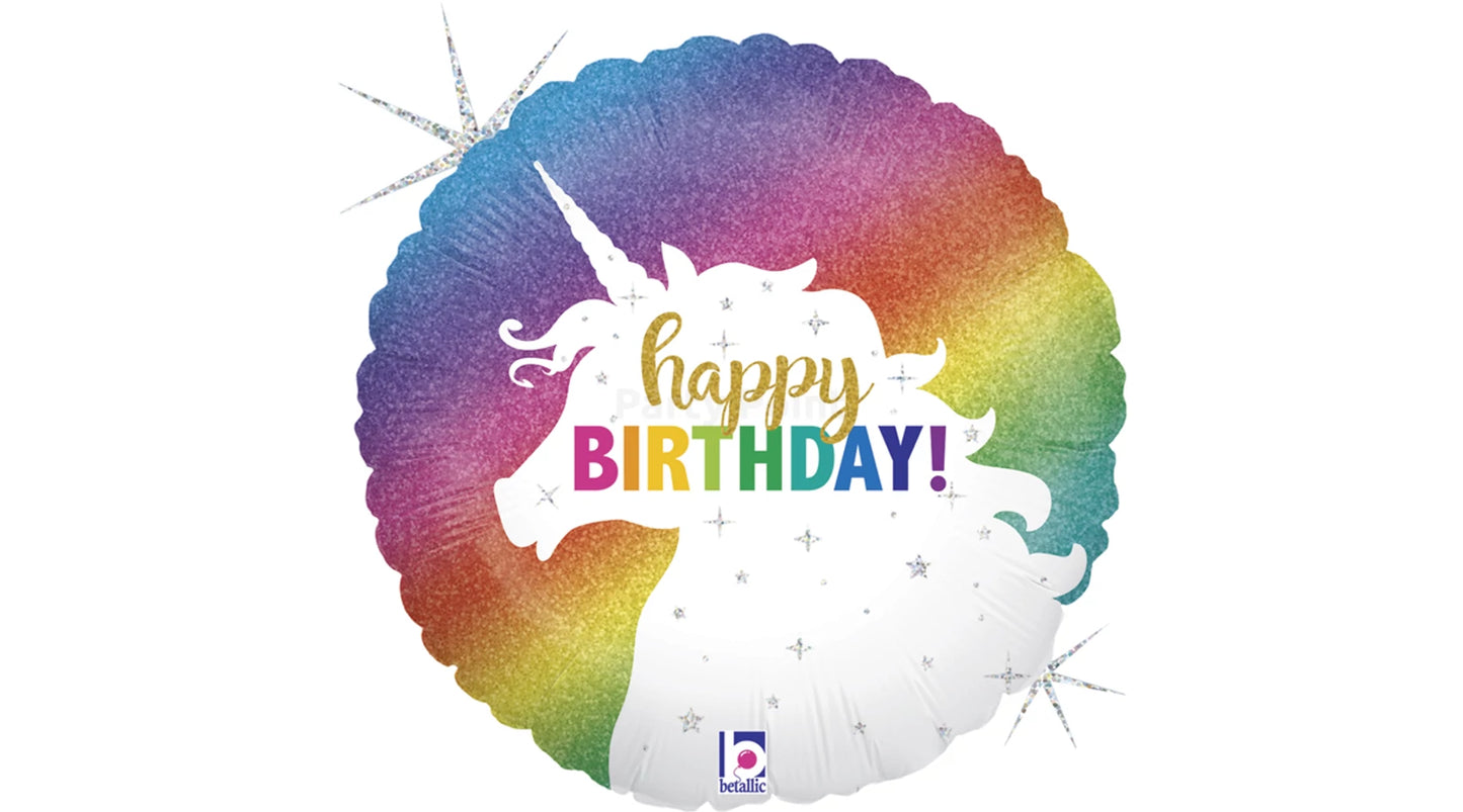 45 cm-es Happy Birthday feliratú unikornis, glitteres, hologrammos fólia lufi