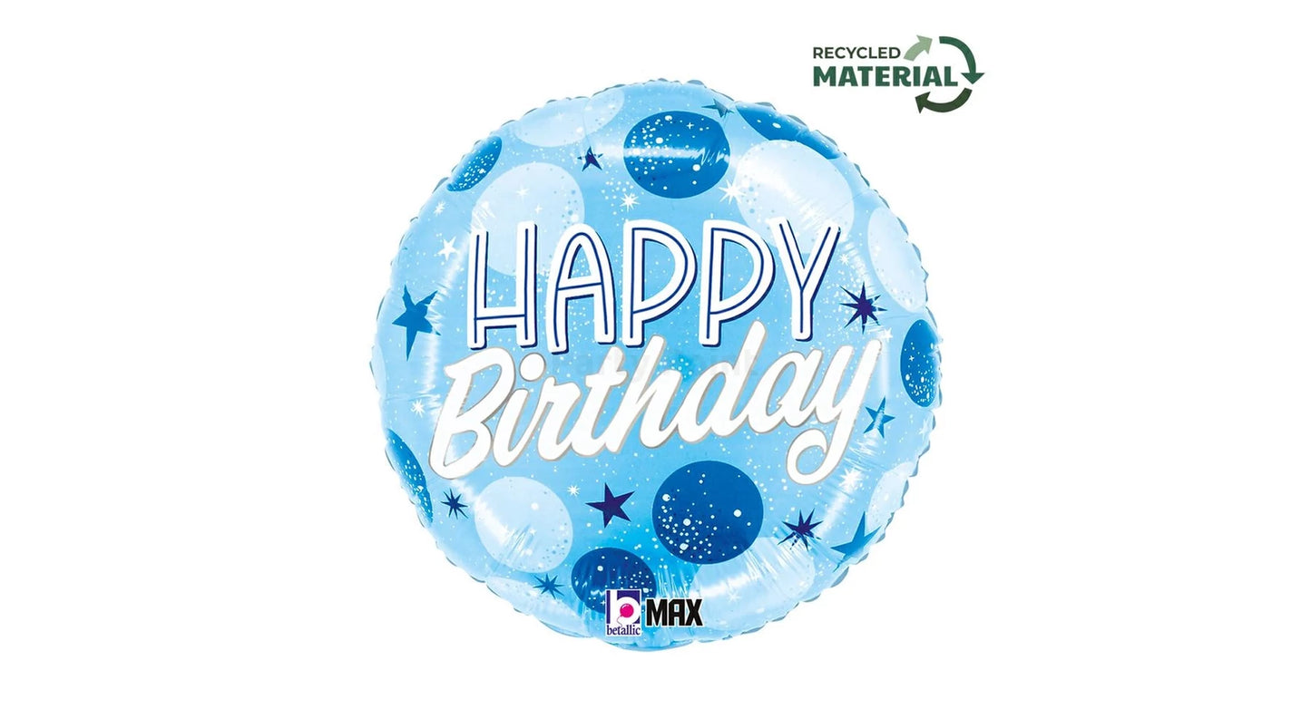 45 cm-es kék-fehér pöttyös Happy Birthday fólia lufi