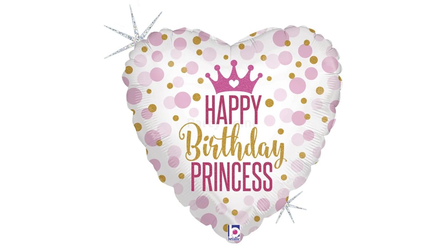 45 cm-es hologramos Happy Birthday Princess szív alakú fólia lufi