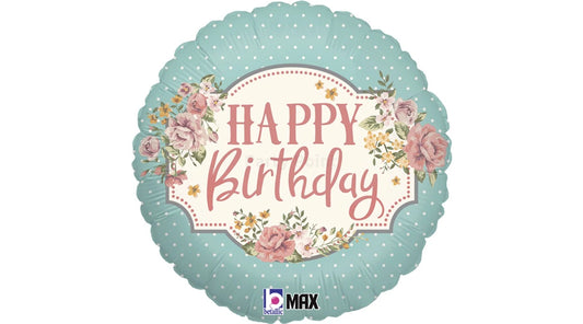 45 cm-es rózsás vintage Happy Birthday fólia lufi