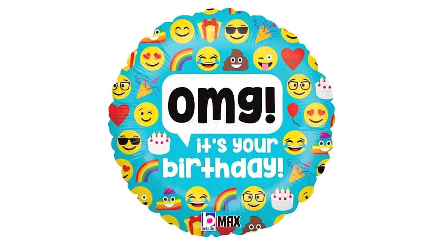 45 cm-es fólia lufi Emoji mintás, OMG! It's your birthday! felirattal