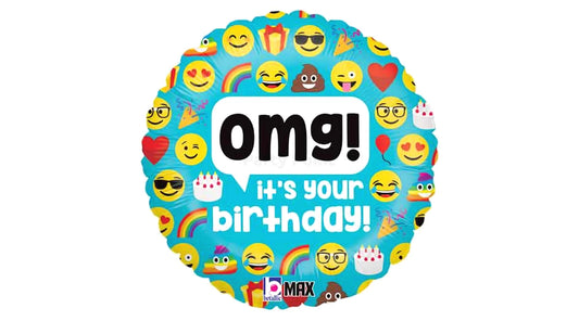 45 cm-es fólia lufi Emoji mintás, OMG! It's your birthday! felirattal